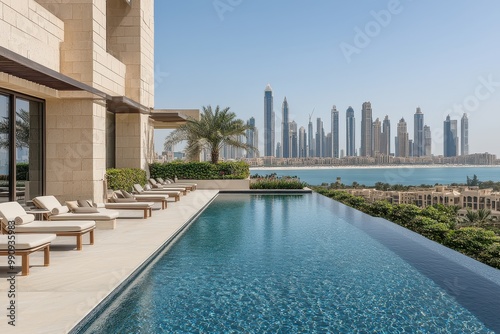 Luxury infinity pool overlooking modern skyscrapers in Dubai, United Arab Emirates