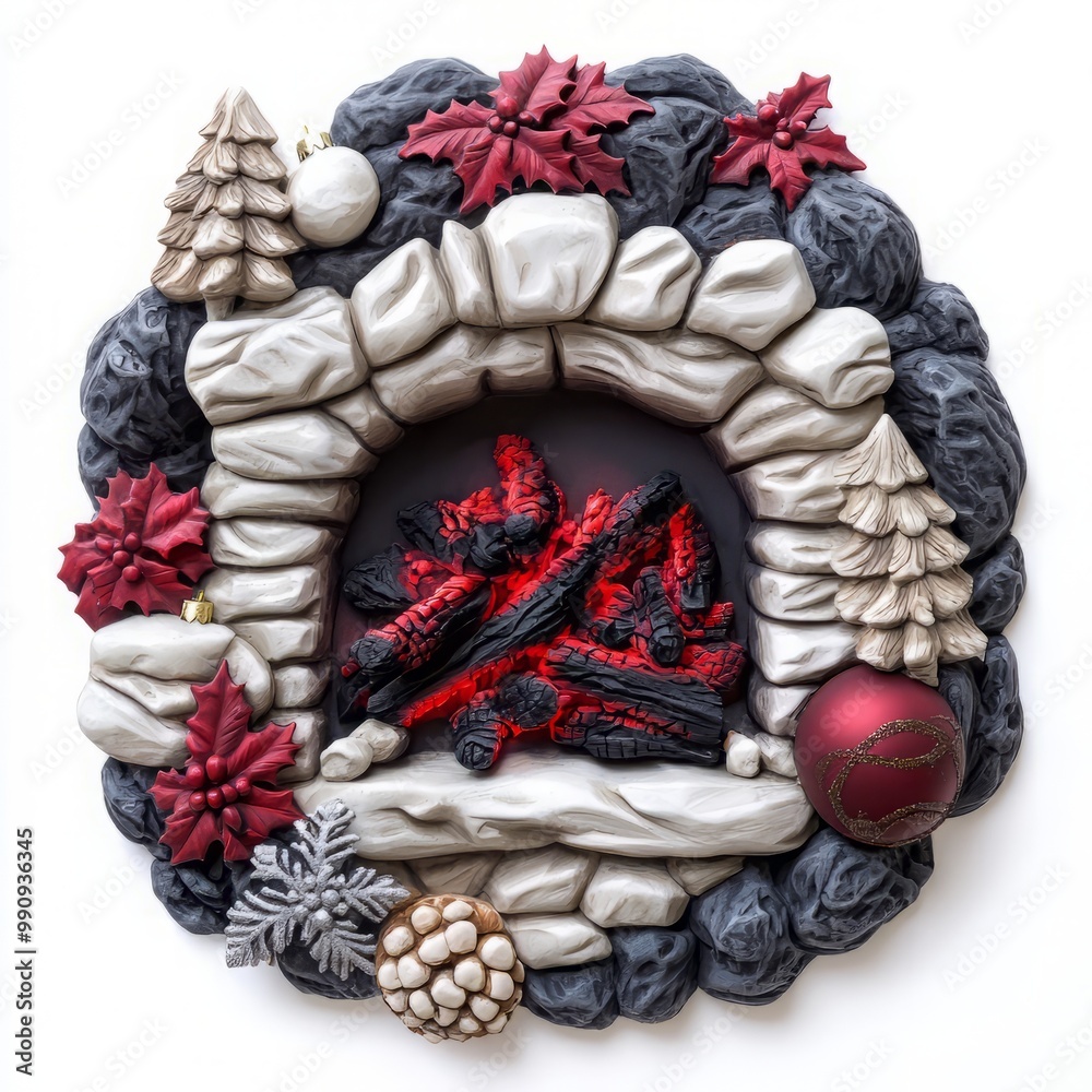Naklejka premium A cozy decorative fireplace wreath featuring festive elements like pine trees and ornaments for a warm holiday ambiance.