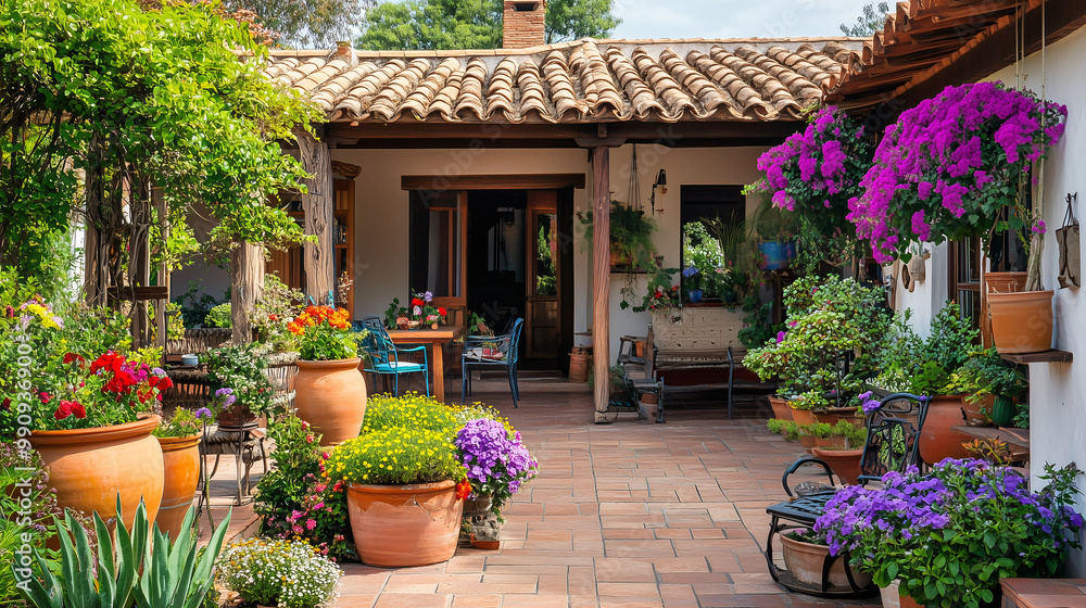 Fototapeta premium Sunny Mediterranean-style patio with ceramic pots, vibrant flowers, and rustic outdoor furniture beneath a tiled roof 