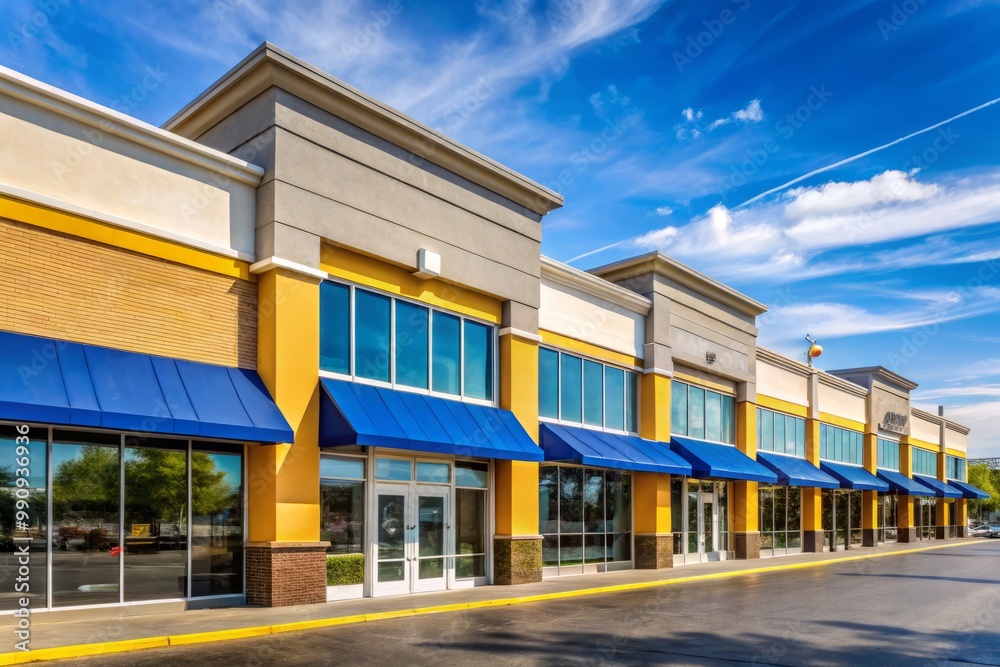The large retail store's exterior design combines bright blue and yellow hues, with eye-catching signage that stands The large retail store's exterior design combines bright blue and yellow hues, with eye-catching signage that stands