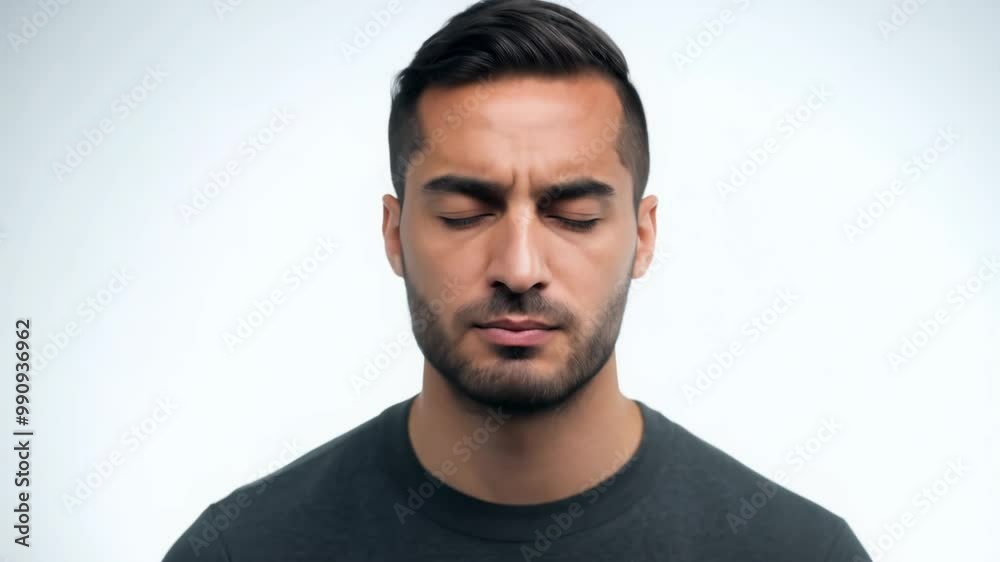 Static video, studio key light, close-up of young middle-eastern man transitioning from anxiety to calm. Static video, studio key light, close-up of young middle-eastern man transitioning from anxiety to calm.