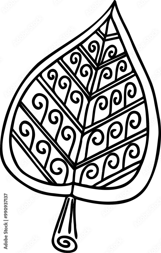 Stylized decorative line art tree leaf. Zentangle patterned autumn hand drawn contour leaf, abstract decorative design element	