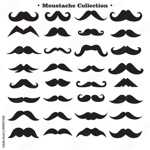 A collection of different black silhouettes of mustaches in various styles and shapes, on a white background