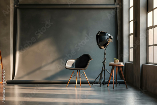 Interior of modern photo studio with chair and professional equipment