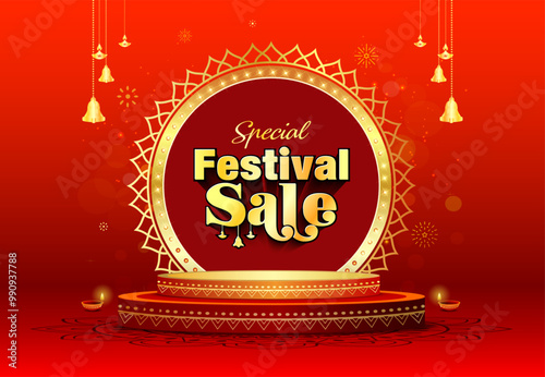 Festive background of Diwali, Navratri festival, Podium with Special festival sale logo.