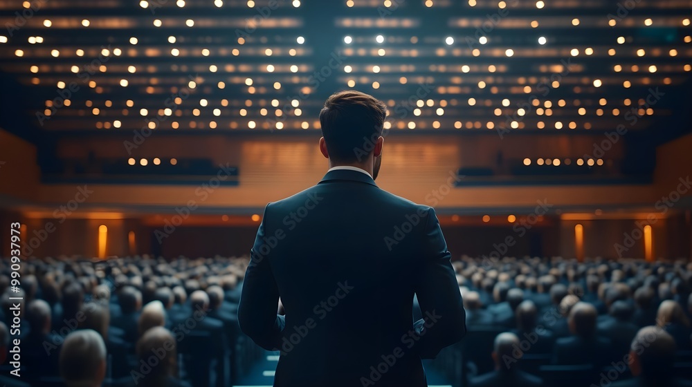 A speaker addressing a captivated audience in a large auditorium.