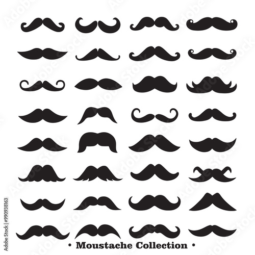 A collection of different black silhouettes of mustaches in various styles and shapes, on a white background