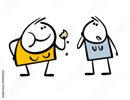 Two friends are discussing a diet. Vector illustration of a hungry slender woman looking at   fat girl eating cookies. Funny characters, healthy lifestyle and body positive.