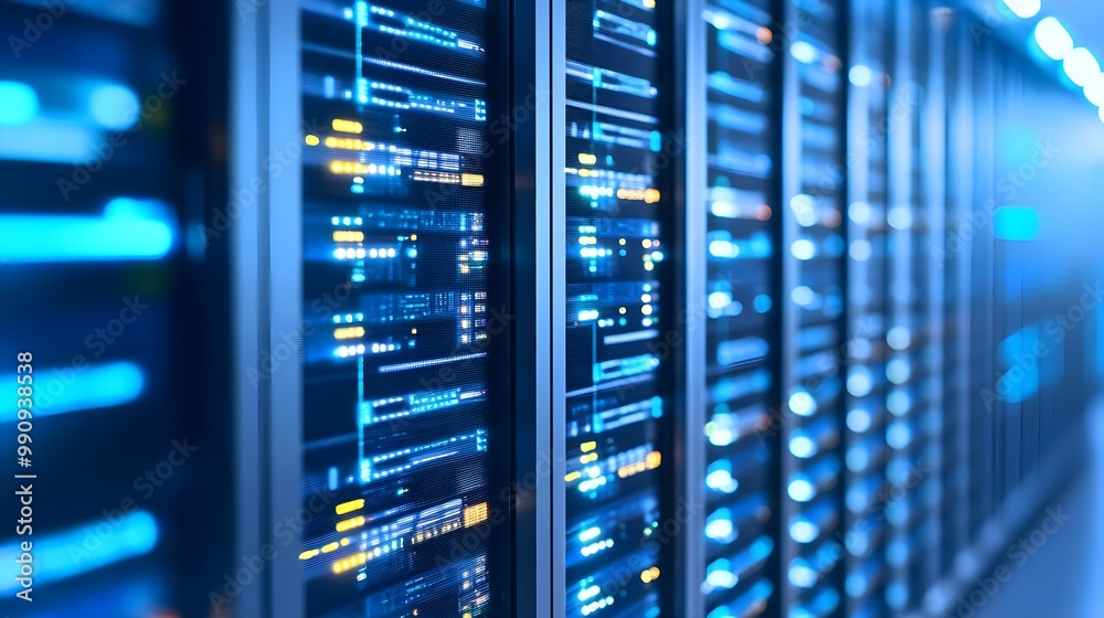 Close-up of server racks with glowing lights in a data center.