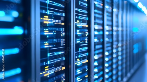 Close-up of server racks with glowing lights in a data center.