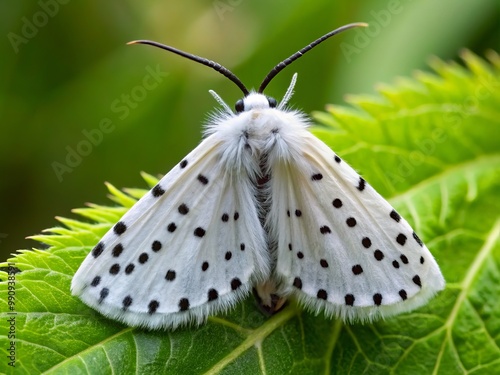 The moth's wings, a delicate balance of white and black, display small, rounded dots that create a subtle photo