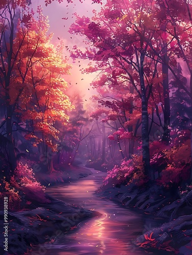 A serene landscape with a winding river surrounded by vibrant autumn foliage.