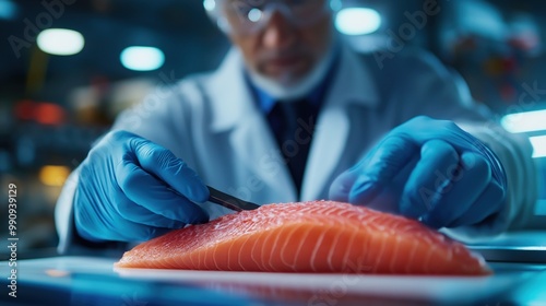 Professional surgeon in medical uniform and gloves carefully preparing a fresh salmon fillet on a plate ready for culinary cooking and serving in a hospital or healthcare setting photo