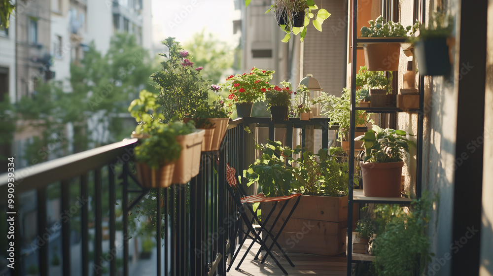 Urban balcony with space-saving furniture like foldable chairs, hanging planters, and lanterns, designed for small city living
Urban balcony with space-saving furniture like foldable chairs, hanging planters, and lanterns, designed for small city living