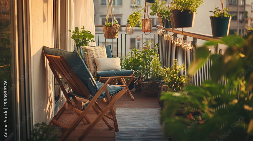 Obraz premium Urban balcony with space-saving furniture like foldable chairs, hanging planters, and lanterns, designed for small city living