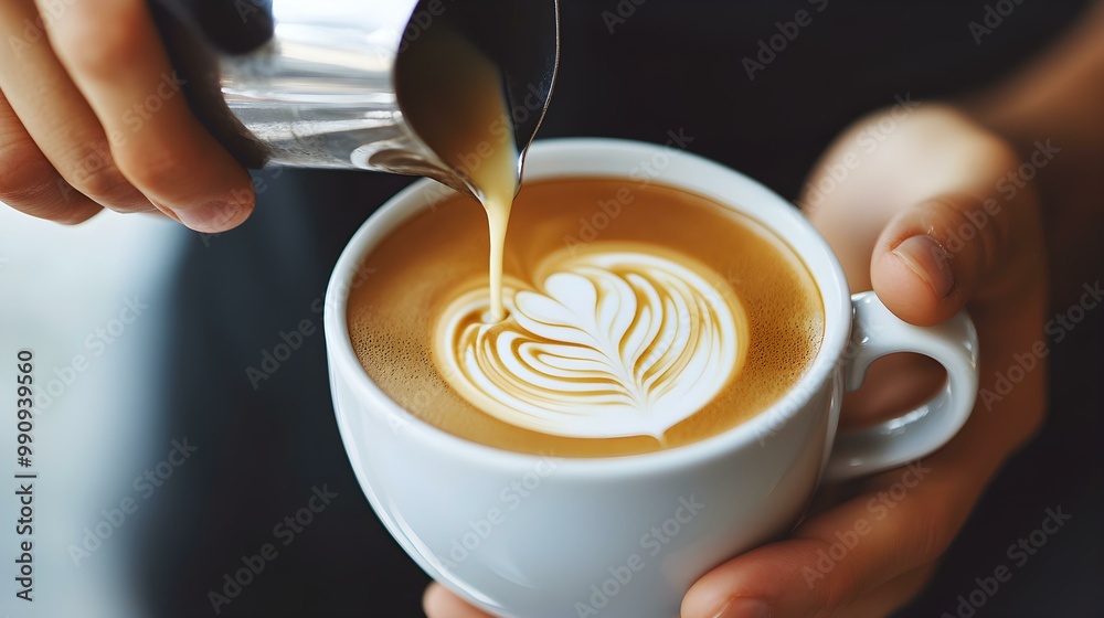 Coffee being poured into a white cup with beautiful latte art.