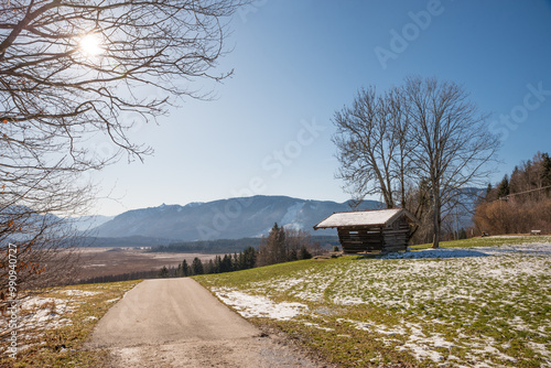 view from lookout point Murnauer Moos, bavarian landscape with melting snow photo