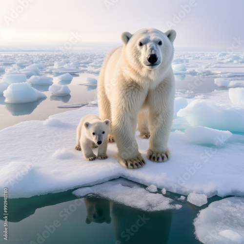 Polar Bear and Cub in the Arctic Landscape