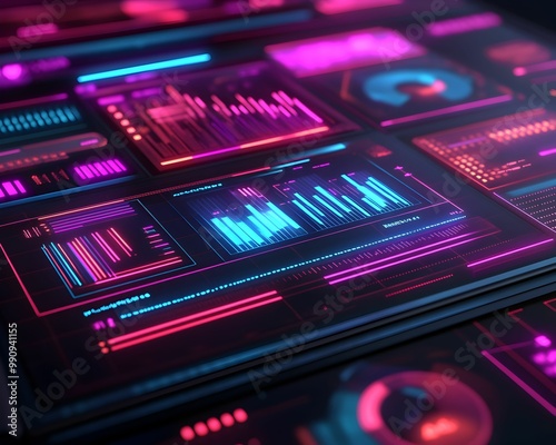 A computer monitor displays a variety of colorful graphs and charts