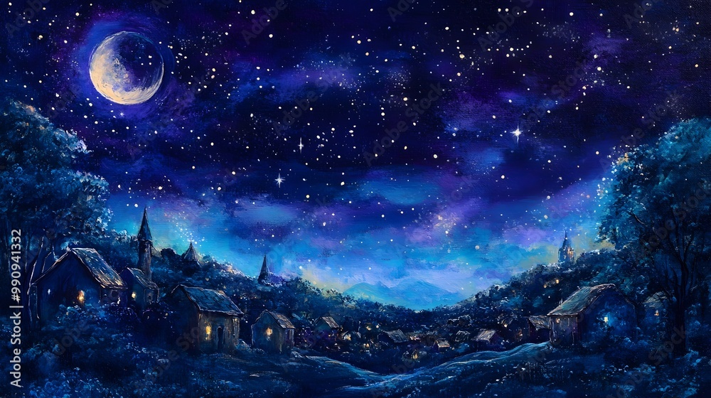 Fototapeta premium Whimsical and Tranquil Painting of a Starry Night Sky Glowing Over a Quiet and Serene Village Landscape Using Deep Blues and Purples to Create a Sense of Wonder and Calm