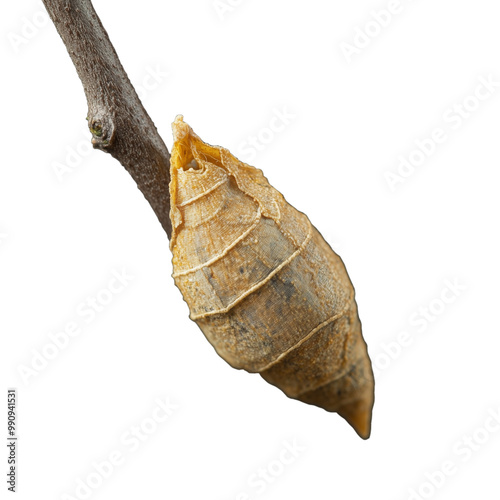 Close-up of a chrysalis attached to a twig on a transparent background, showcasing nature, transformation, and the metamorphosis process from caterpillar to butterfly.