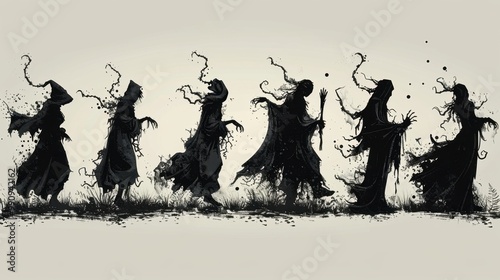 Design black silhouette illustrations of spooky Halloween Banquo's Ghost (from Shakespeare's Macbeth) in various activities ,with bold lines and simple design, placed on a white background 