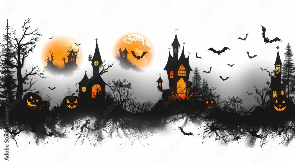 Design black silhouette illustrations of spooky Halloween Bat decorations in various activities ,with bold lines and simple design, placed on a white background Design black silhouette illustrations of spooky Halloween Bat decorations in various activities ,with bold lines and simple design, placed on a white background