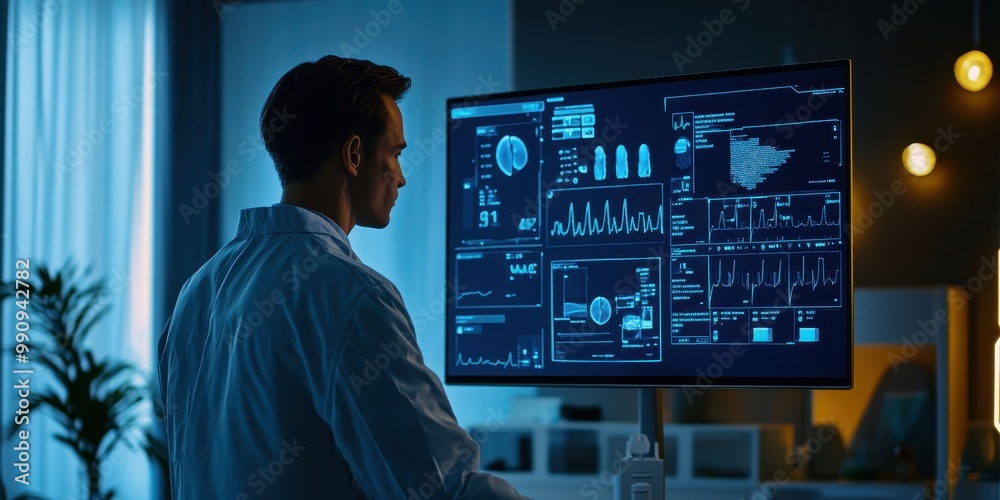 A medical professional analyzes data on a large screen, showcasing advanced technology in a modern healthcare environment. A medical professional analyzes data on a large screen, showcasing advanced technology in a modern healthcare environment.