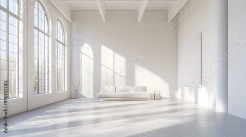 Captivating minimalist white room showcasing high ceilings large windows allowing natural light to flood the open space