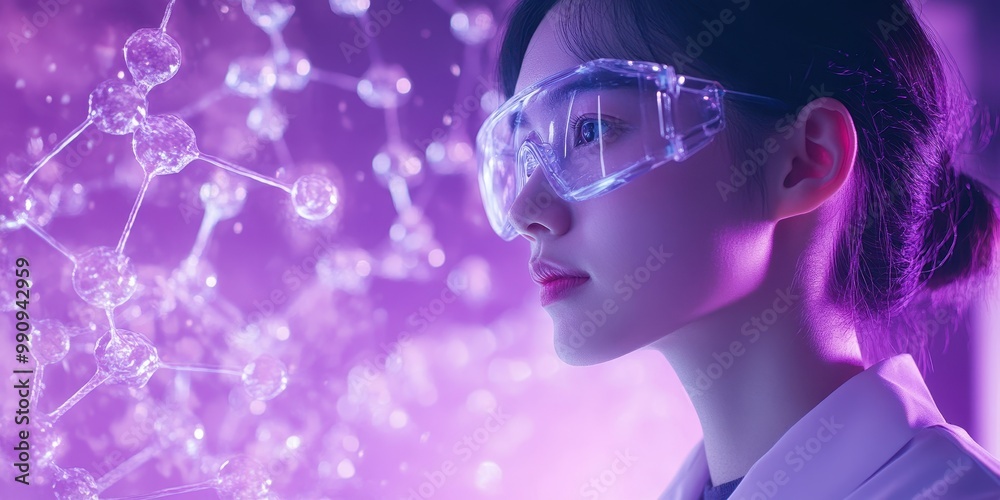 A scientist in glasses observes molecular structures, symbolizing research and innovation in a vibrant and futuristic environment. A scientist in glasses observes molecular structures, symbolizing research and innovation in a vibrant and futuristic environment.