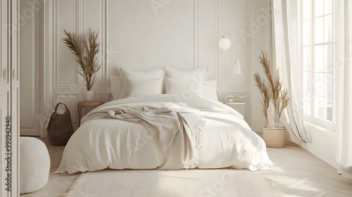 A photograph showcasing a serene and elegant white bedroom with a large bed draped in crisp linens soft rugs on a light wooden floor and a calming atmosphere created by neutral accents and a clean