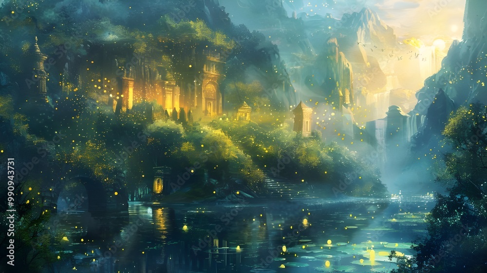 A glimmering waterfall cascades over ancient temple ruins, enveloped in lush greenery and shimmering particles of light. Generative ai 