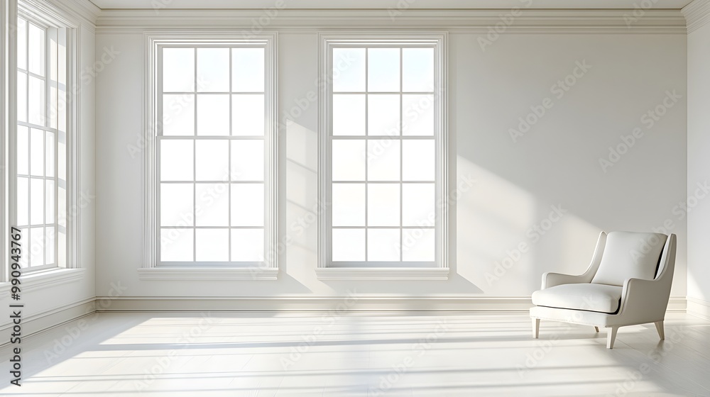 Fototapeta premium Minimalist white room with large windows that allow natural light to stream in highlighting the clean lines of the contemporary furniture and creating a bright open and serene atmosphere