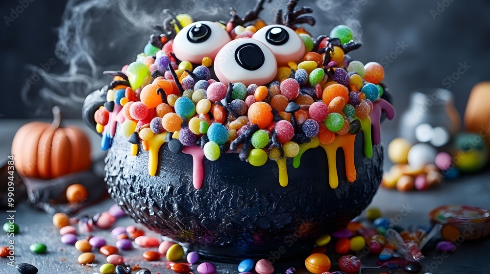 A whimsical and festive Halloween cake shaped like a witch s cauldron overflowing with a colorful array of candies and topped with edible eyes and spooky a fun and enchanting visual treat A whimsical and festive Halloween cake shaped like a witch s cauldron overflowing with a colorful array of candies and topped with edible eyes and spooky a fun and enchanting visual treat