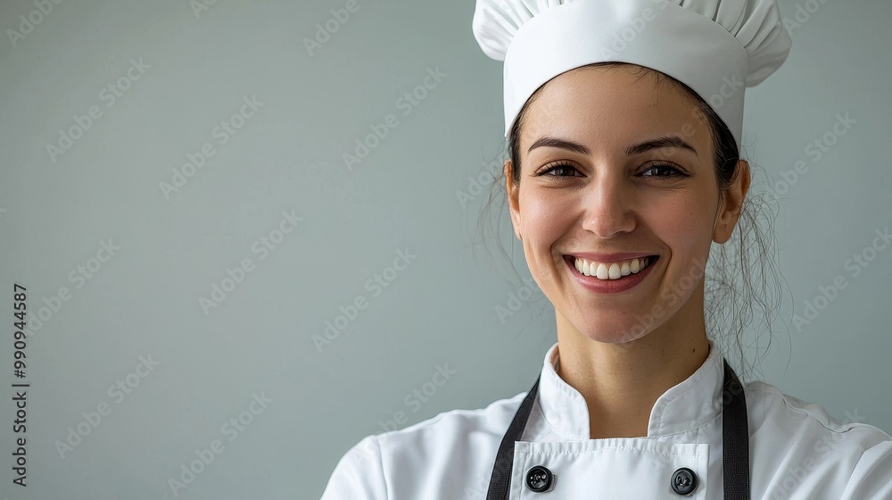 Smiling female chef in a clean white uniform and apron, showcasing professionalism and cleanliness, with a neutral background highlighting the attire. Smiling female chef in a clean white uniform and apron, showcasing professionalism and cleanliness, with a neutral background highlighting the attire.