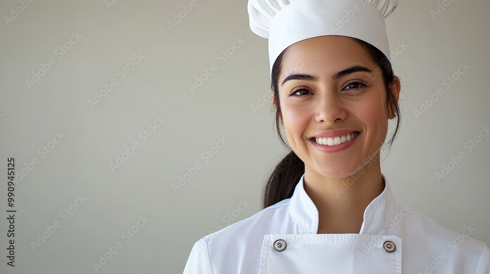 Smiling female chef in a clean white uniform and apron, showcasing professionalism and cleanliness, with a neutral background highlighting the attire.