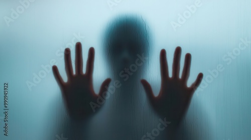 Sinister, ghostly figure standing behind a fogged window, faint reflection of fear-stricken face, close-up, spooky atmosphere, soft lighting, closes up