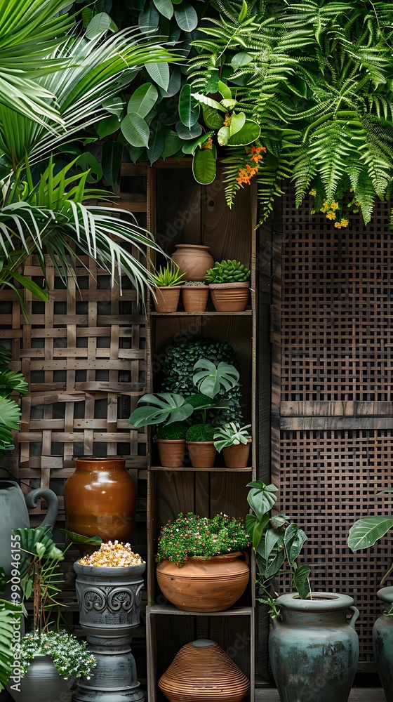 A vibrant display of potted plants arranged on shelves in a lush green environment. A vibrant display of potted plants arranged on shelves in a lush green environment.