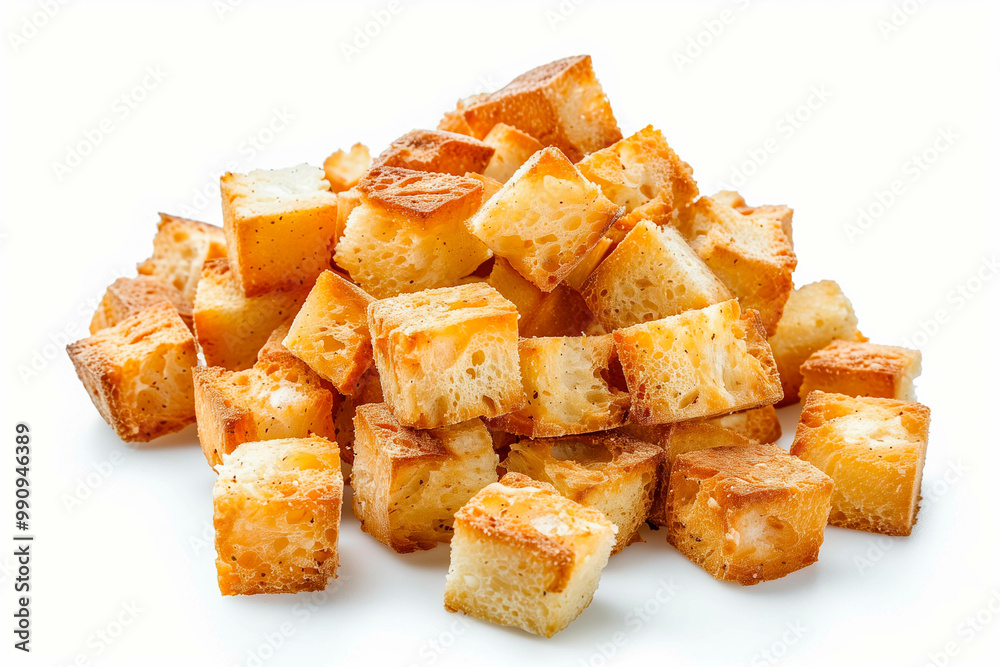 Many crunchy croutons on white background