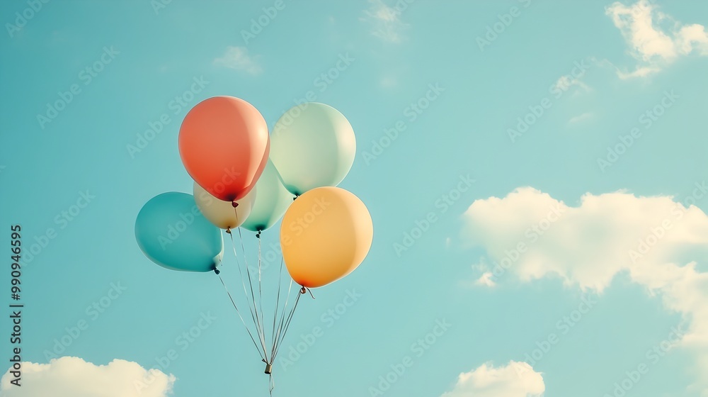 Obraz premium A serene photograph showcasing a beautiful display of colorful balloons drifting gently into a clear blue sky surrounded by soft wispy clouds evoking a sense of freedom lightness and tranquility