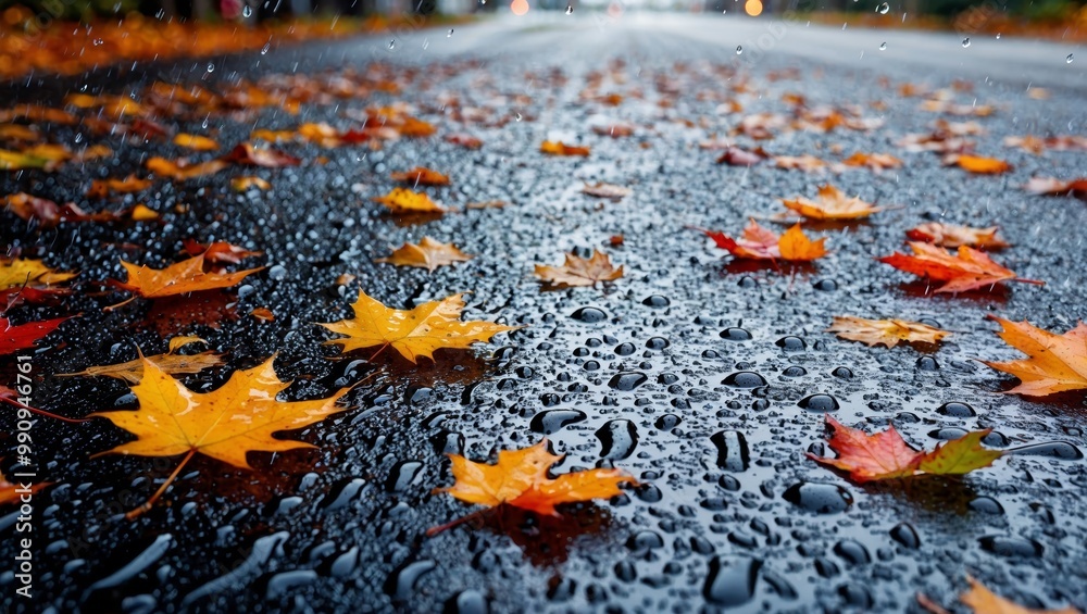 Colorful fallen leaves cover a rain-soaked street, creating a picturesque autumn atmosphere Colorful fallen leaves cover a rain-soaked street, creating a picturesque autumn atmosphere