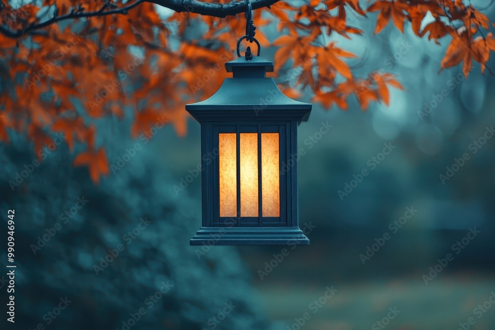 Old haunted lantern hanging from a tree branch, glowing softly, surrounded by autumn leaves, close-up, eerie and warm, soft shadows, closes up Old haunted lantern hanging from a tree branch, glowing softly, surrounded by autumn leaves, close-up, eerie and warm, soft shadows, closes up