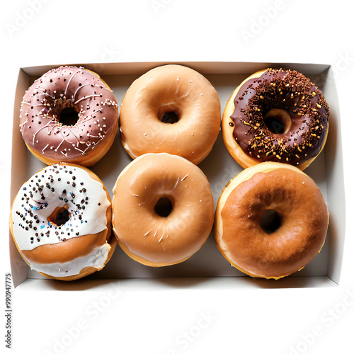 A delightful selection of six freshly baked donuts featuring chocolate, vanilla, and various toppings arranged neatly in a box. Perfect for any occasion or craving. Generative AI