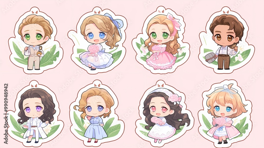 Fototapeta premium Cute anime girl illustrations designed as stickers, perfect for use in digital applications and merchandise.