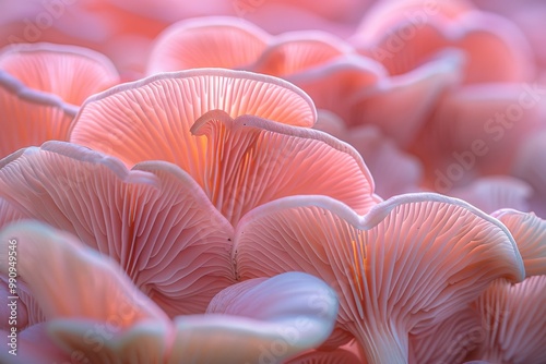 Closeup delicate mushroom gills pale pink soft peach colors organic flowing forms overlapping illuminated soft diffused light fine textures captured high detail Background gently blurred focusing fine