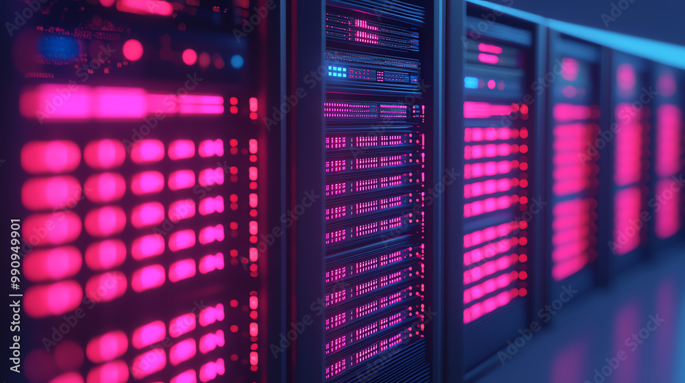 Isometric data storage center deploying digital information to a network of servers, glowing abstract visuals, global data, data deployment systems