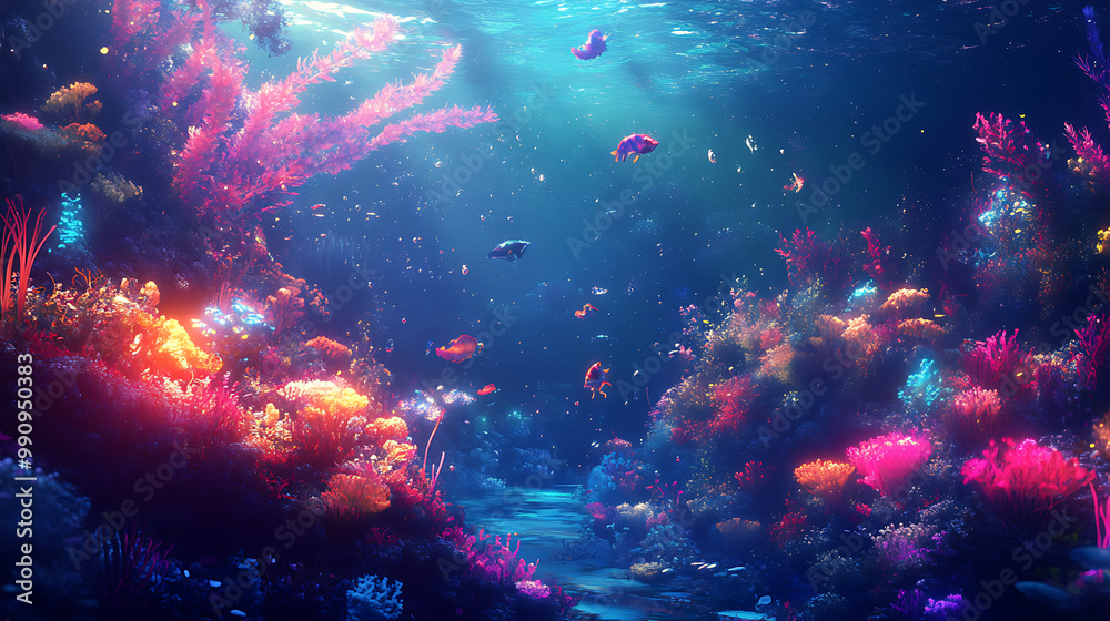 background with a fantastical underwater world, featuring friendly sea creatures, coral reefs, and glowing seaweed background with a fantastical underwater world, featuring friendly sea creatures, coral reefs, and glowing seaweed