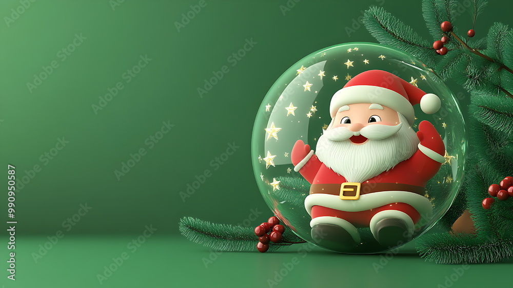Fototapeta premium Santa Claus in a clear bubble, surrounded by Christmas trees and greenery, on a green background.