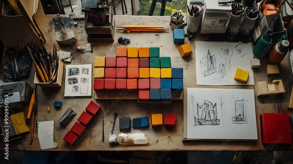A neatly arranged workspace filled with an array of colorful modeling clay blocks surrounded by various tools sketches and finished creations showcasing the potential for creative expression and A neatly arranged workspace filled with an array of colorful modeling clay blocks surrounded by various tools sketches and finished creations showcasing the potential for creative expression and