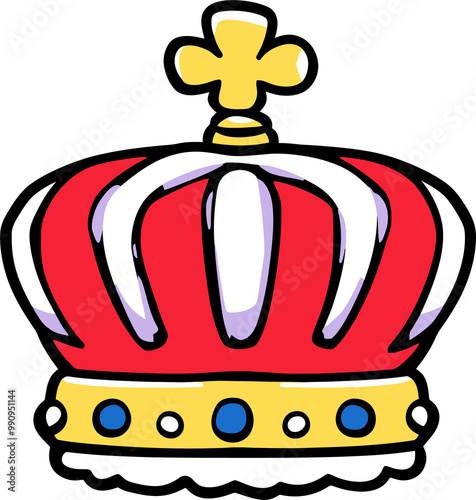 Colorful Cartoon Royal Crown with Jewels and Cross Icon